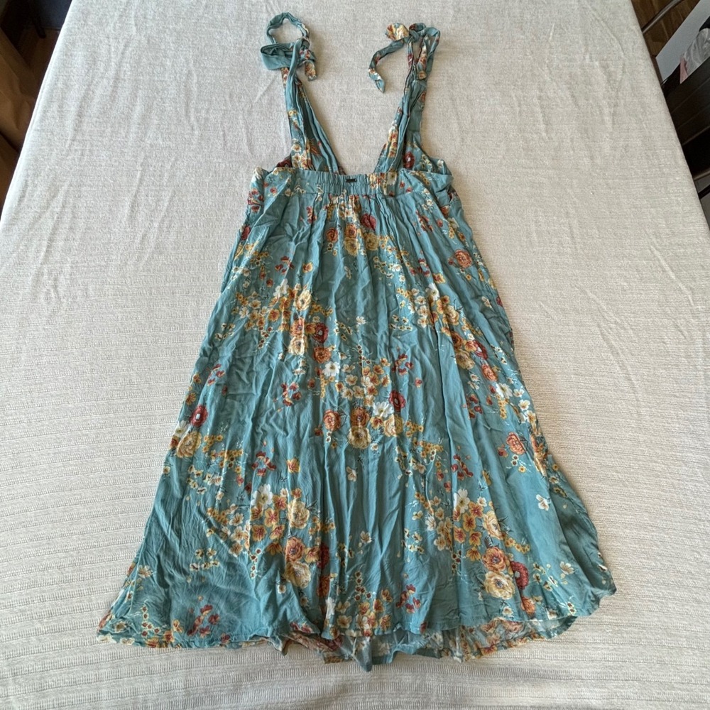 ONeill Teal Floral Tie Strap V-Neck Empire Waist Mini Dress Small Sundress Boho - Picture 3 of 8